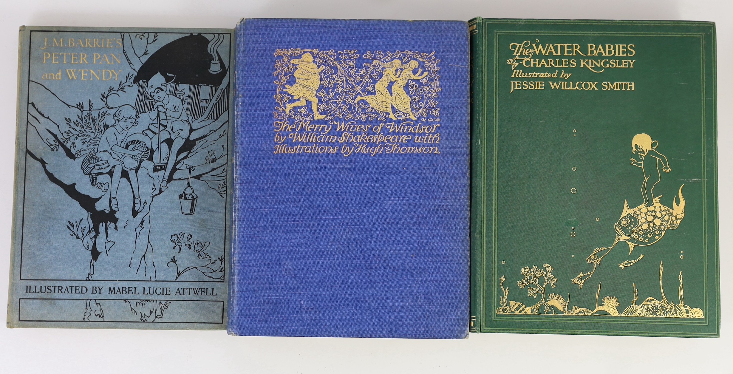 Kingsley, Charles - The Water Babies, illustrated by Jessie Wilcox Smith, 1919; Shakespeare, William - The Merry Wives of Windsor, illustrated by Hugh Thomson, 1910; Barrie, J.M - Peter Pan and Wendy, illustrated by Mabe